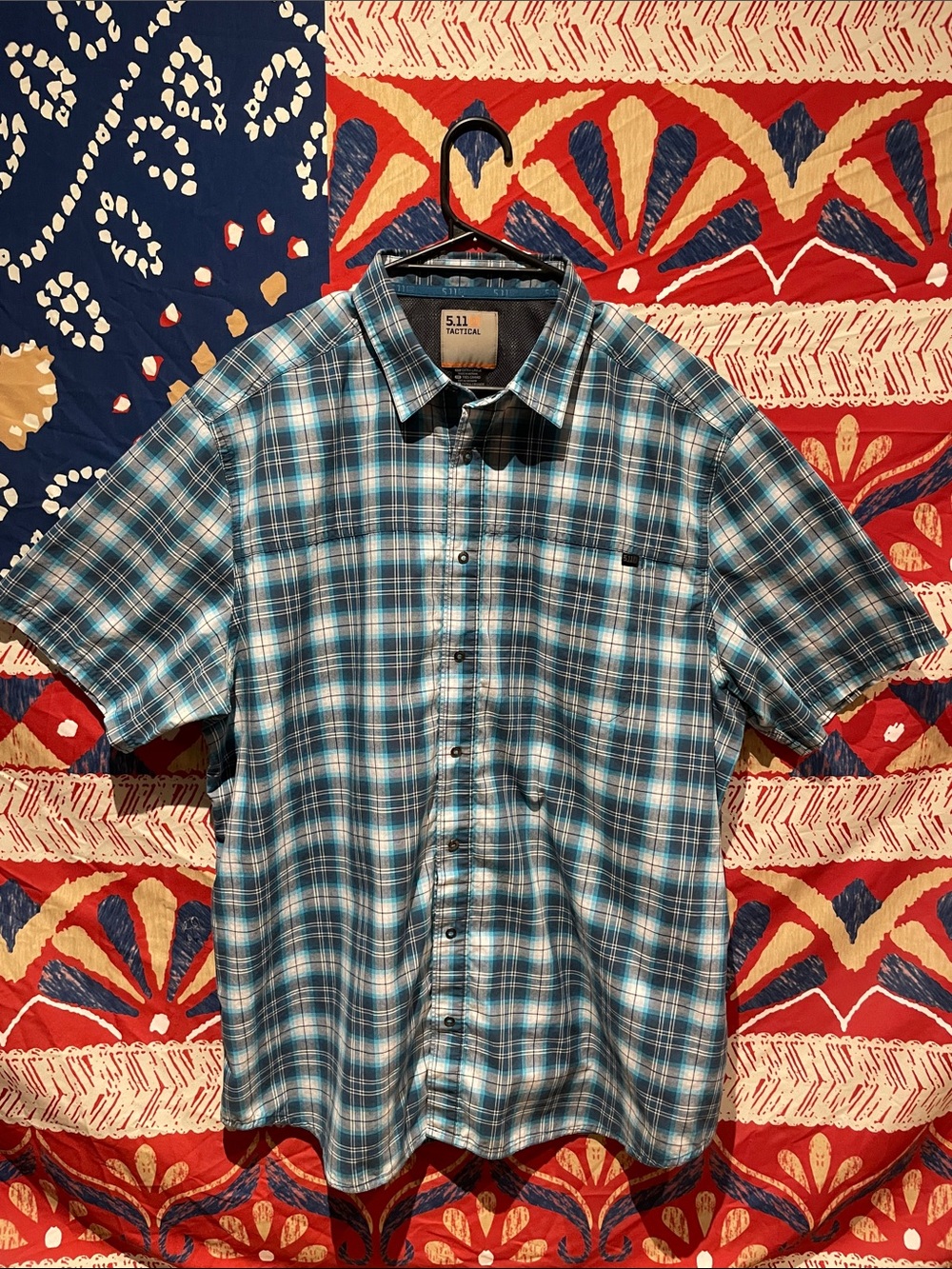 5.11 Tactical Men’s Teal and Navy Plaid Short Sleeve Button-Down Shirt